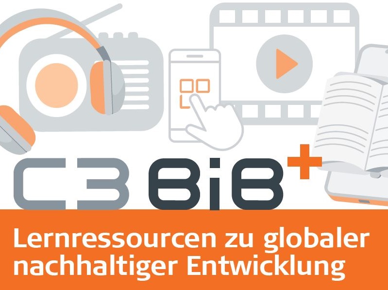 Imagebild für die Plattform C3Bib+ mit Icons für die verschiedenen Medienarten wie Podcasts, E-Books und Filme