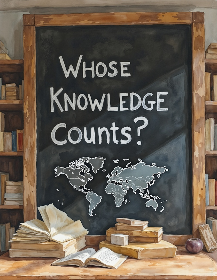 Eine in Wasserfarben gemalte Tafel auf der folgende Worte geschrieben sind: "Whose knowledge counts?" - Darunter ist eine Weltkarte aufgemalt. Im Vordergrund sind aufgeschlagene Bücher.